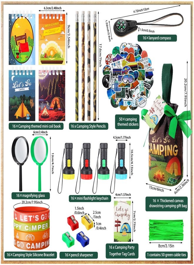 Chivertion 195 Pcs Camping Party Favors Gifts Canvas Gift Bag Magnifier Notebook Pencil Sharpener silicone Bracelets Mini Compass Flashlight Keychains Stickers Camping Tag For Adventure Birthday - Image 2